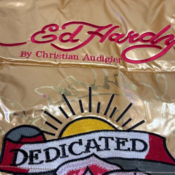 Ed Hardy NWT Size XL Y2K Gold Down Puffer Coat Embroidered Roses Skulls Hooded - Picture 7 of 16